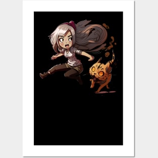 Chibi Girl and Her Cat (no background) Posters and Art